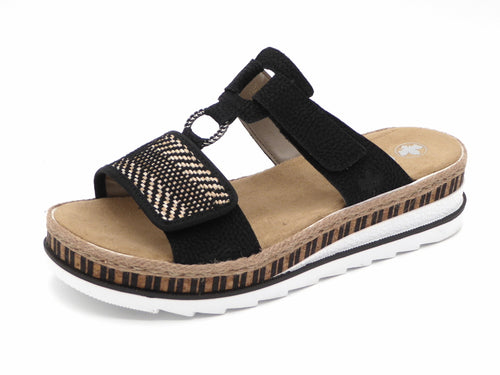 163-91-002 Dames Open Slippers Mode Rieker V7947-00 Zwart Combi  (2582)